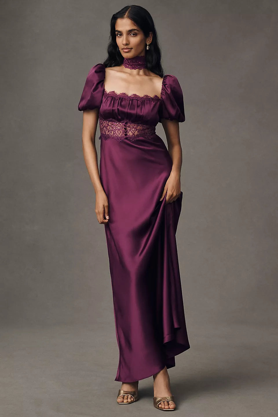 Luxury Plum Prom Dresses with Satin Fabric Puff Sleeve and Lace Cutout Detail