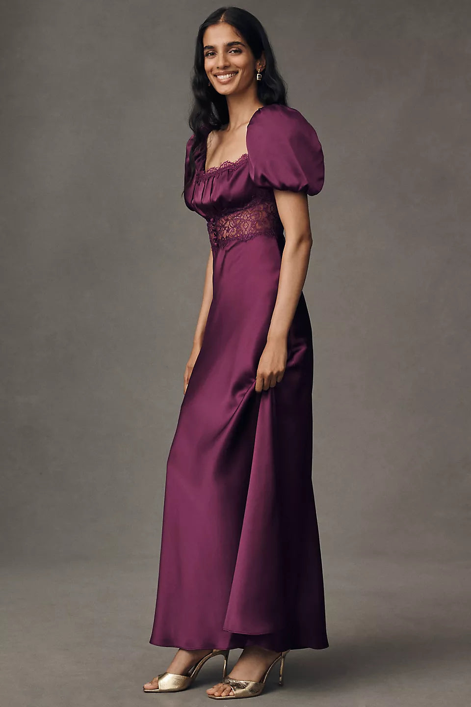 Luxury Plum Prom Dresses with Satin Fabric Puff Sleeve and Lace Cutout Detail