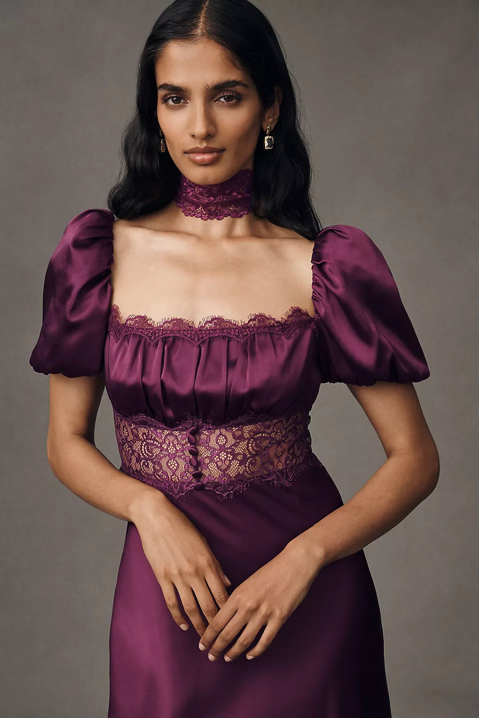 Luxury Plum Prom Dresses with Satin Fabric Puff Sleeve and Lace Cutout Detail
