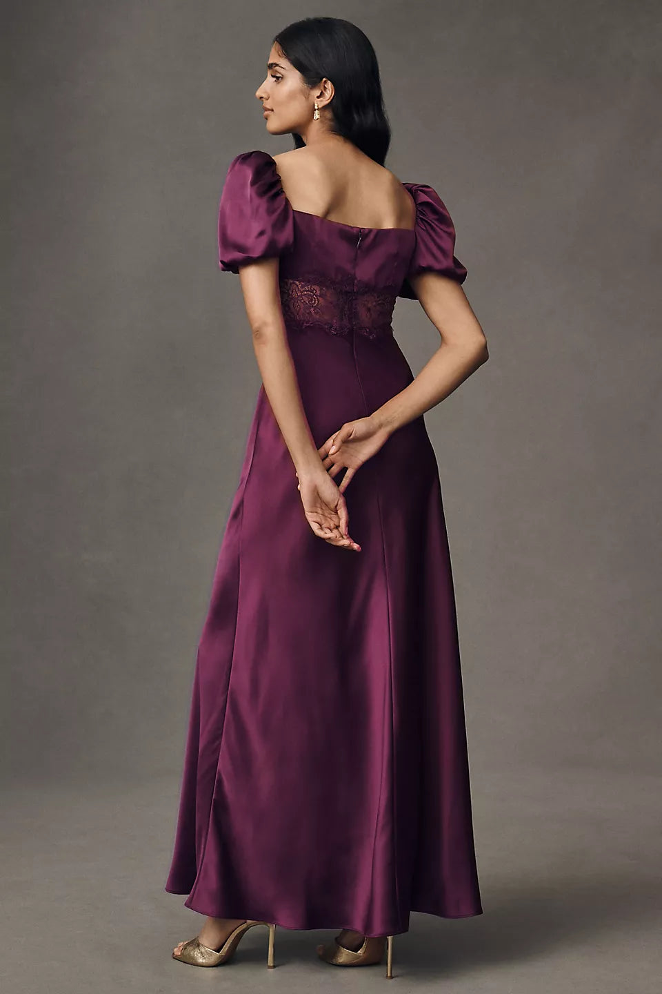 Luxury Plum Prom Dresses with Satin Fabric Puff Sleeve and Lace Cutout Detail