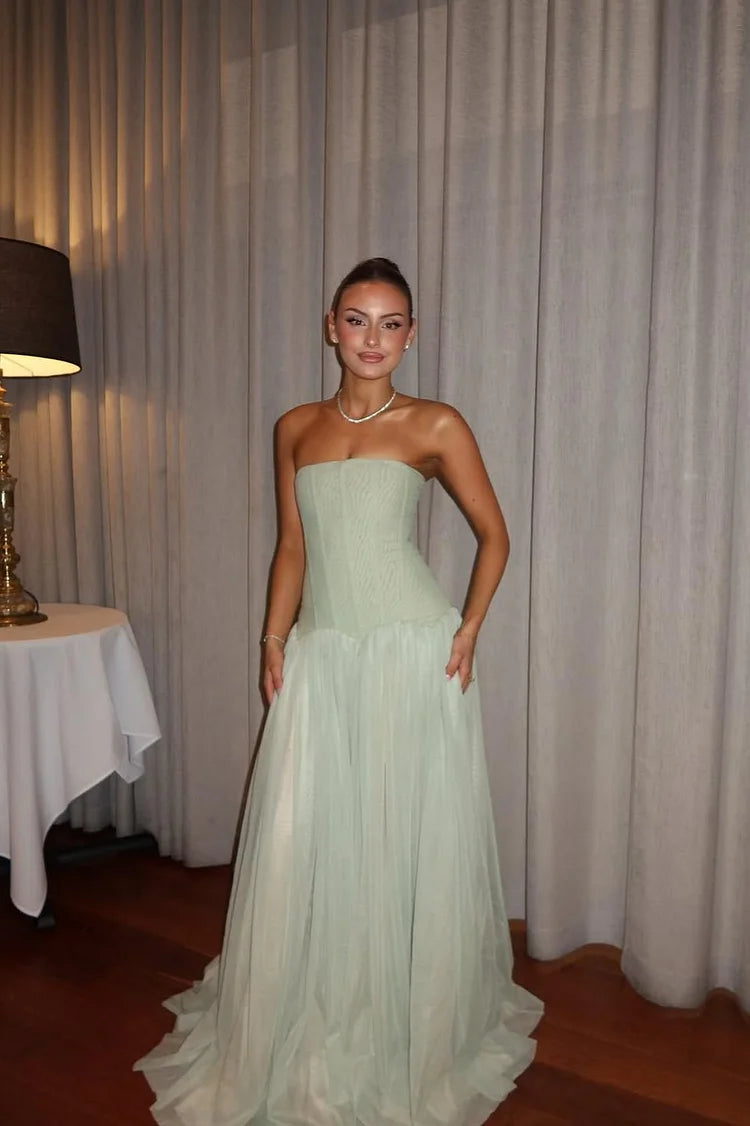Luxury Sage Green Strapless Corset Bodice Layered Tulle Maxi Prom Dresses