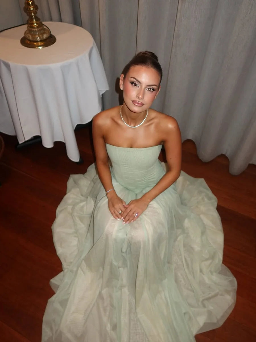 Luxury Sage Green Strapless Corset Bodice Layered Tulle Maxi Prom Dresses