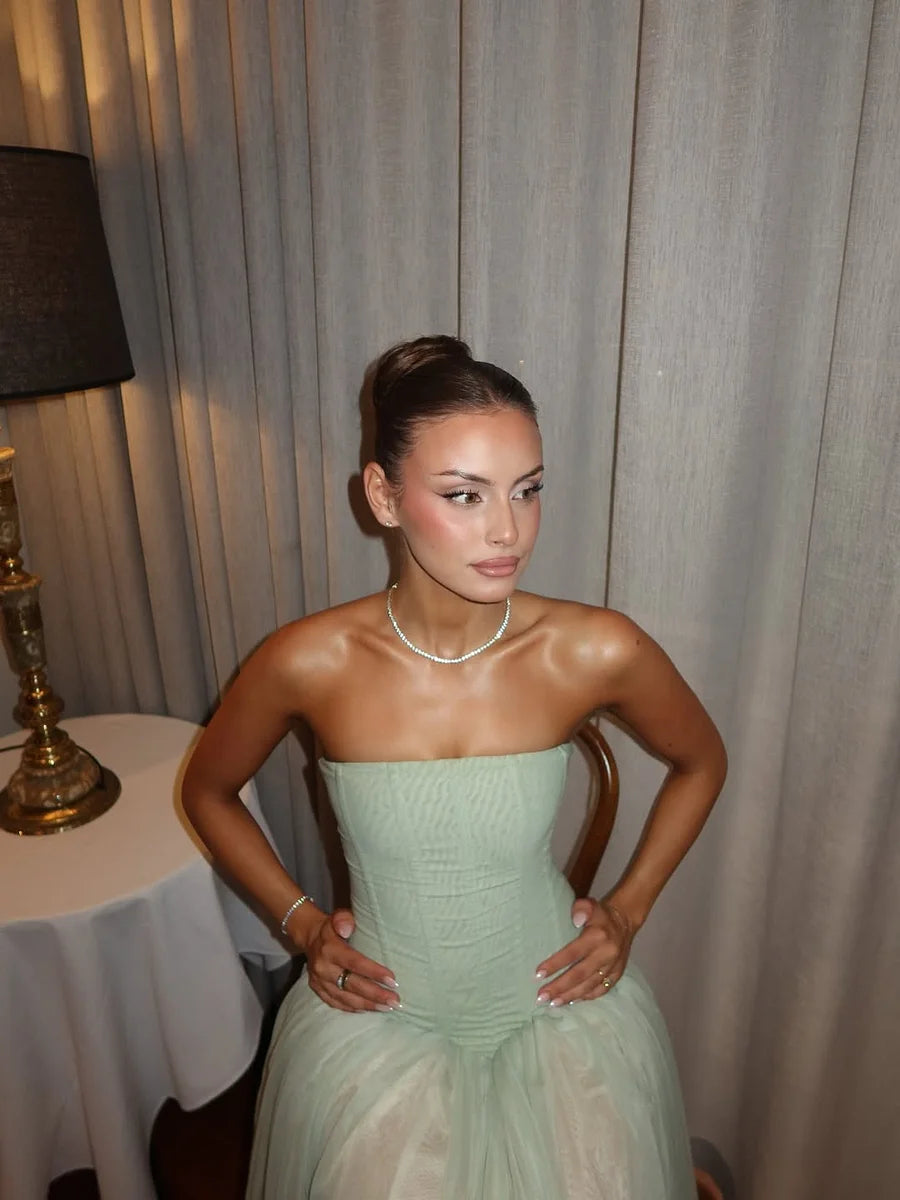 Luxury Sage Green Strapless Corset Bodice Layered Tulle Maxi Prom Dresses