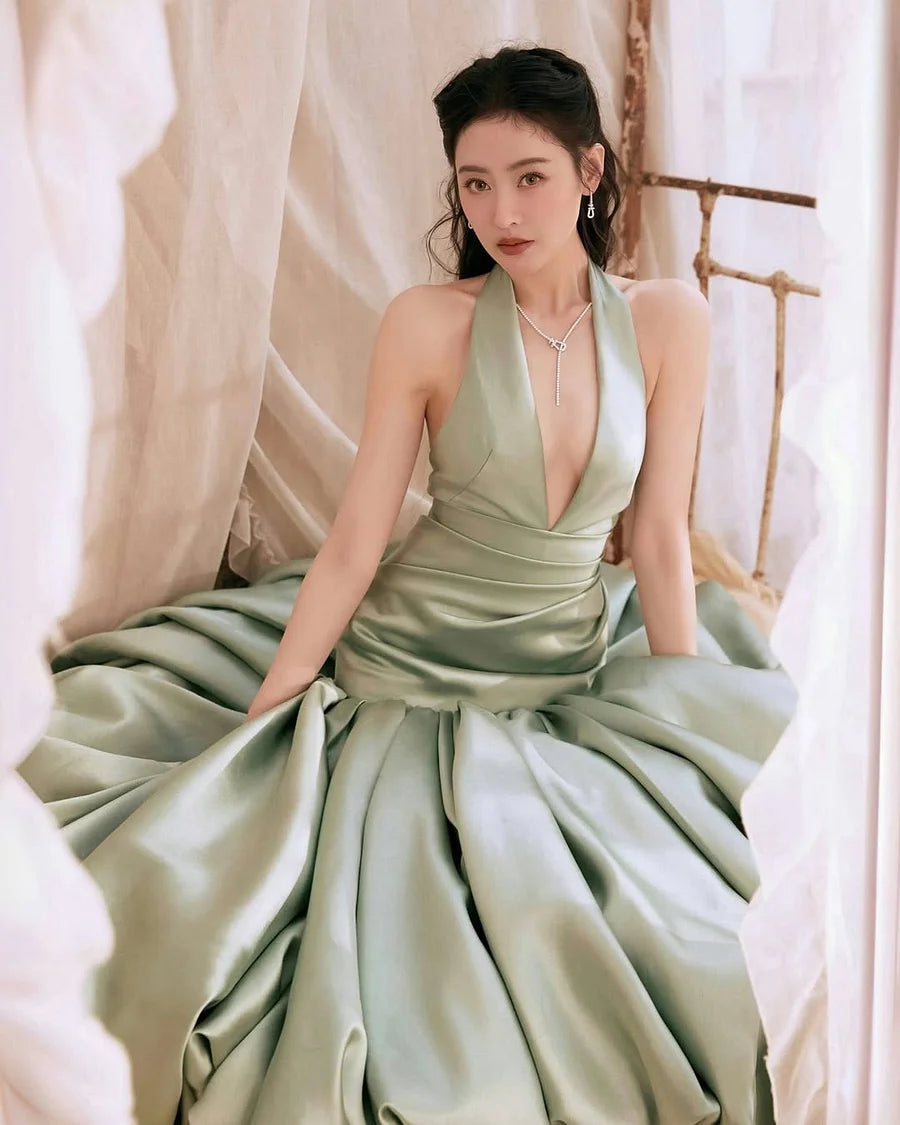 Luxury Satin Halter Neck Deep V Ruched Waist Puffy Mermaid Maxi Prom Dresses