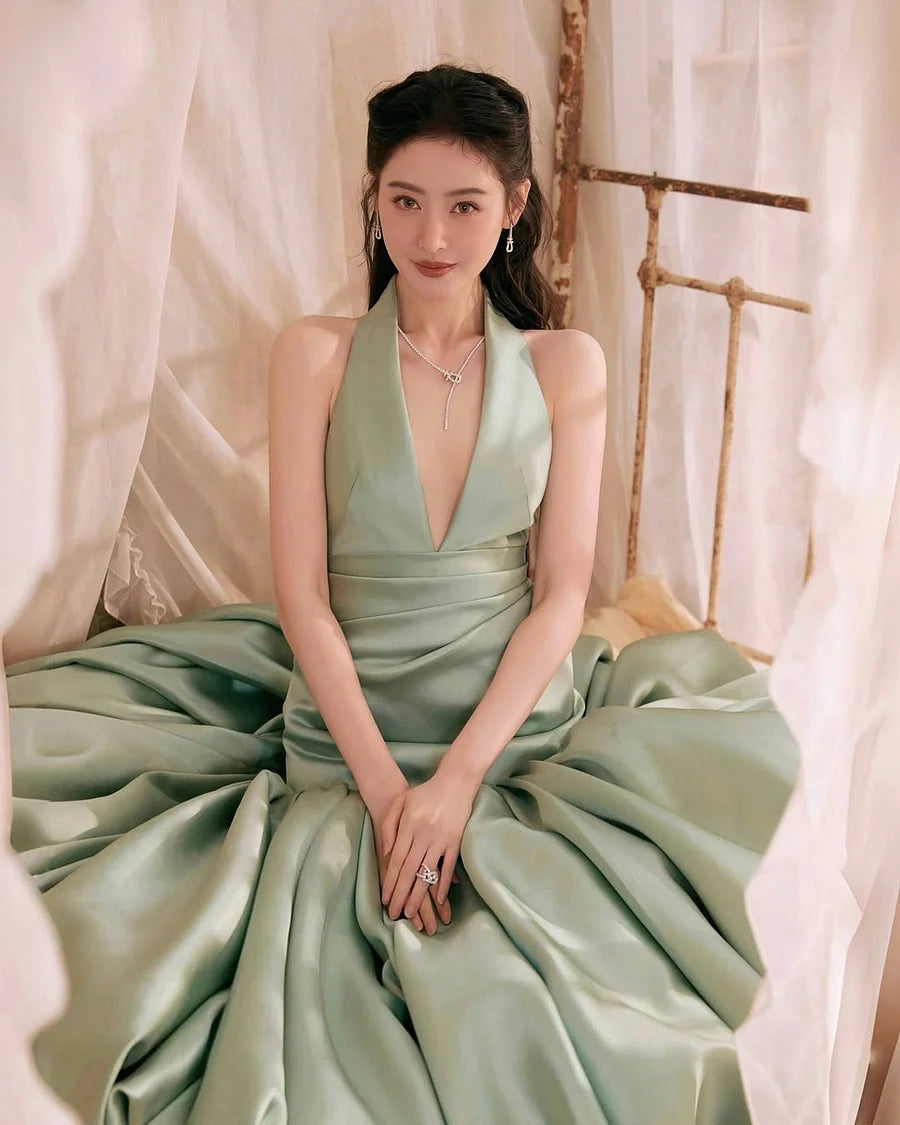 Luxury Satin Halter Neck Deep V Ruched Waist Puffy Mermaid Maxi Prom Dresses
