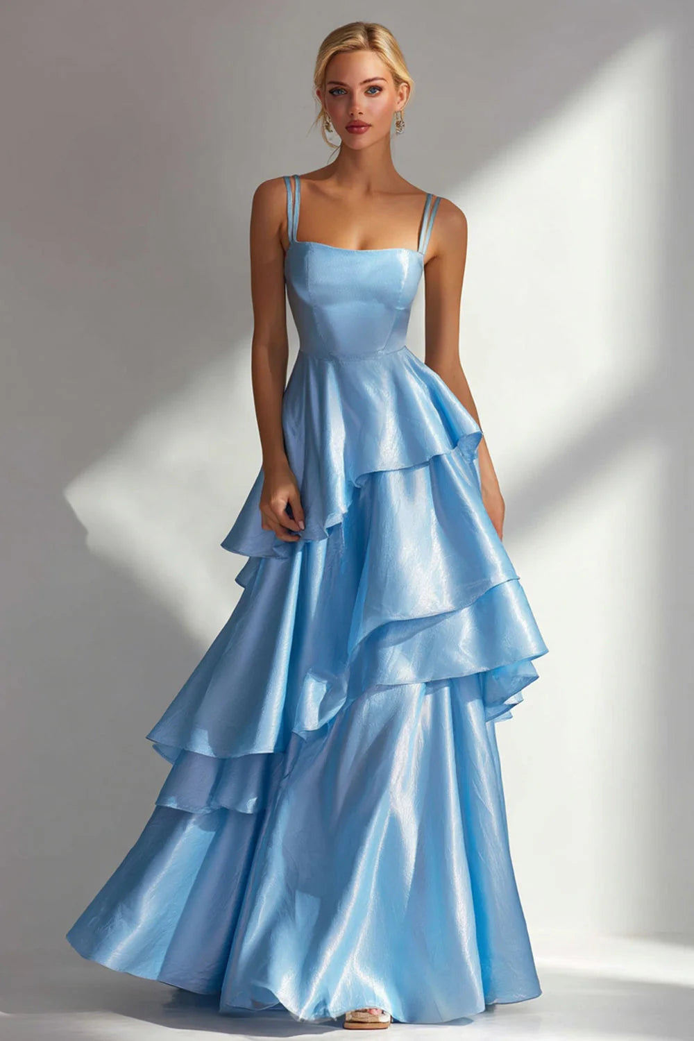 Luxury Shimmer Satin Spaghetti Strap Square Neck Ruffled Tiered A-Line Maxi Prom Dresses