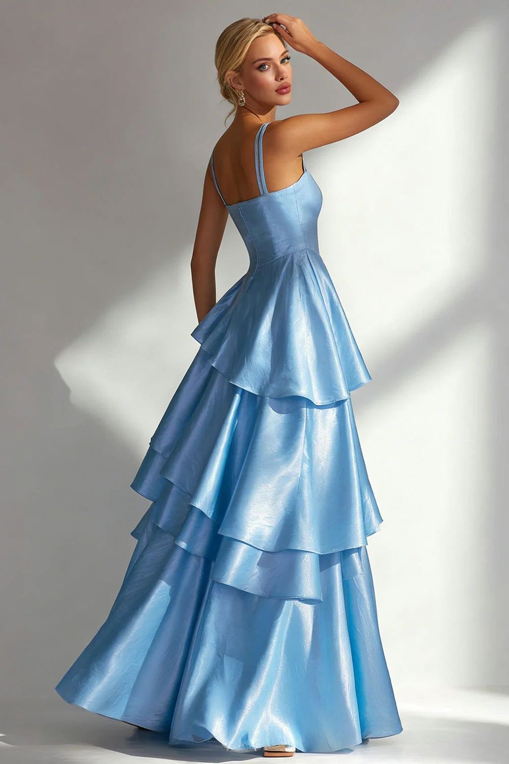 Luxury Shimmer Satin Spaghetti Strap Square Neck Ruffled Tiered A-Line Maxi Prom Dresses