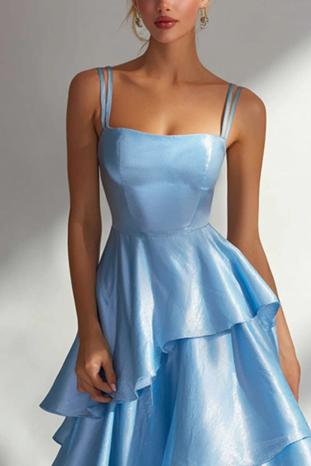 Luxury Shimmer Satin Spaghetti Strap Square Neck Ruffled Tiered A-Line Maxi Prom Dresses