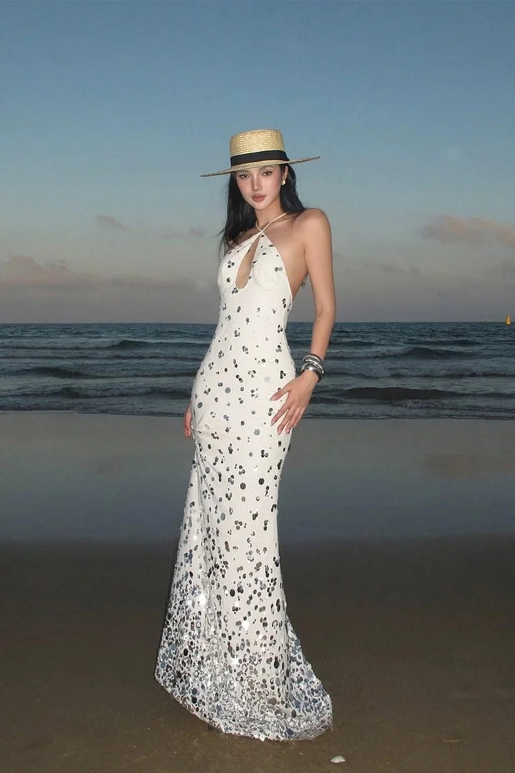 Luxury Shinning White Sequins Sleeveless Halter Long Prom Dress with Mermaid Prom Dresses