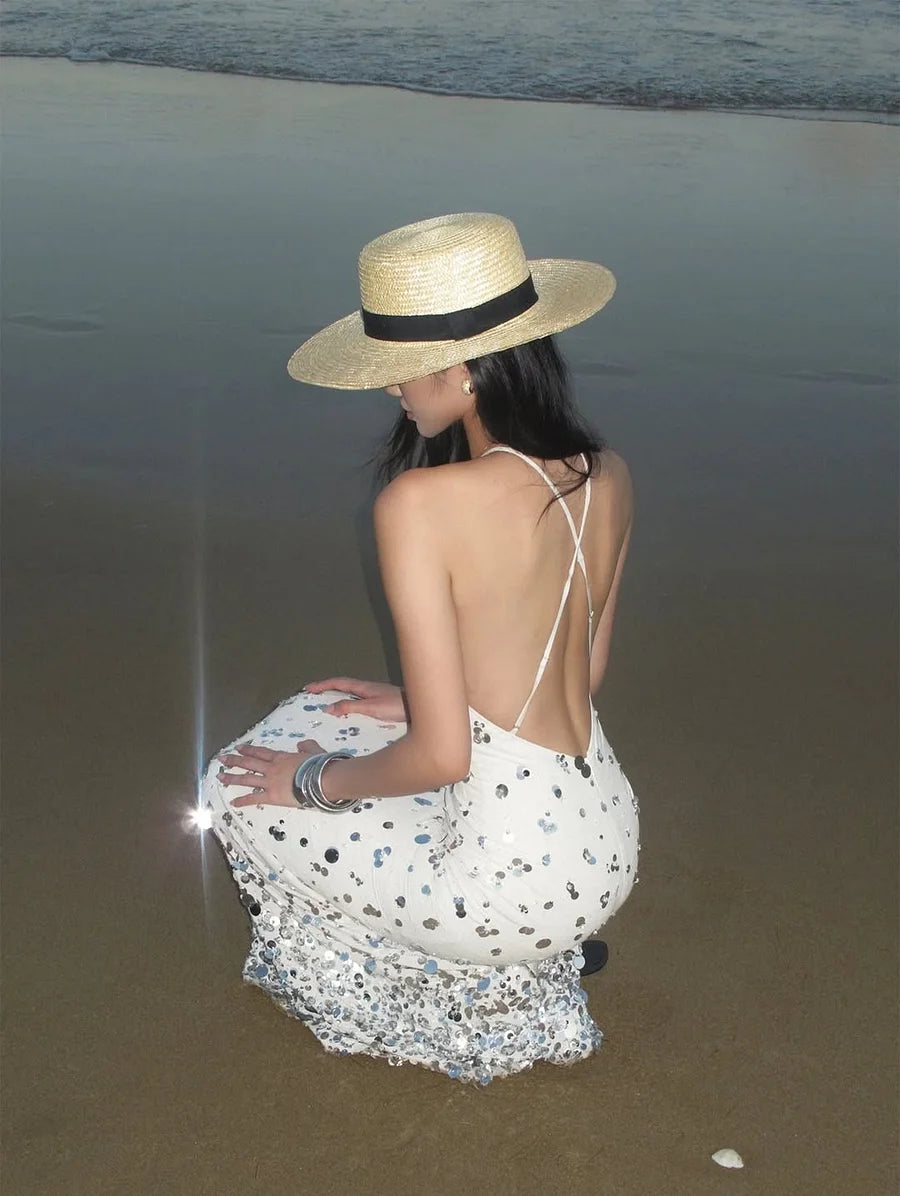 Luxury Shinning White Sequins Sleeveless Halter Long Prom Dress with Mermaid Prom Dresses