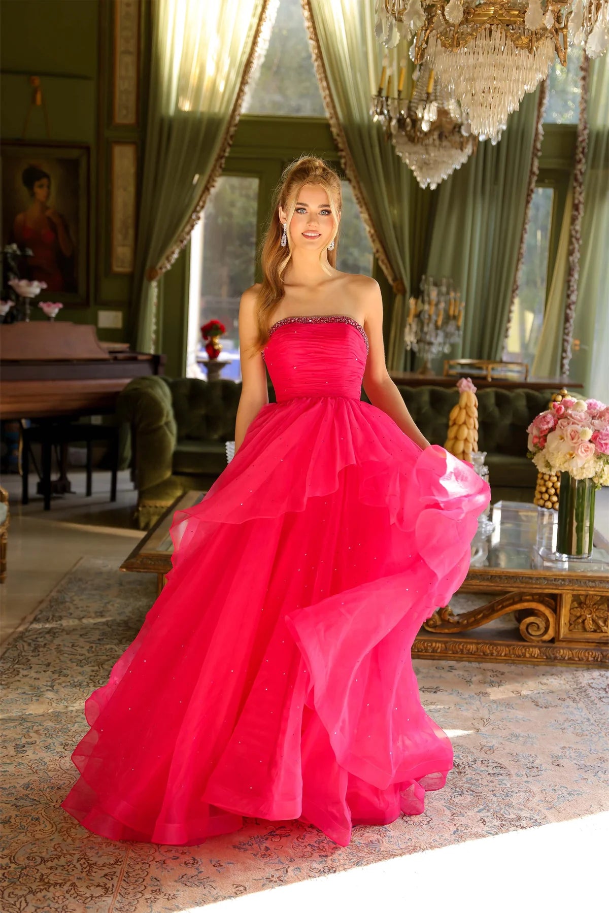 Luxury Sky Blue Hot Pink Prom Dresses with Tulle Fabric Rhinestone Trim and Ruffled Skirt