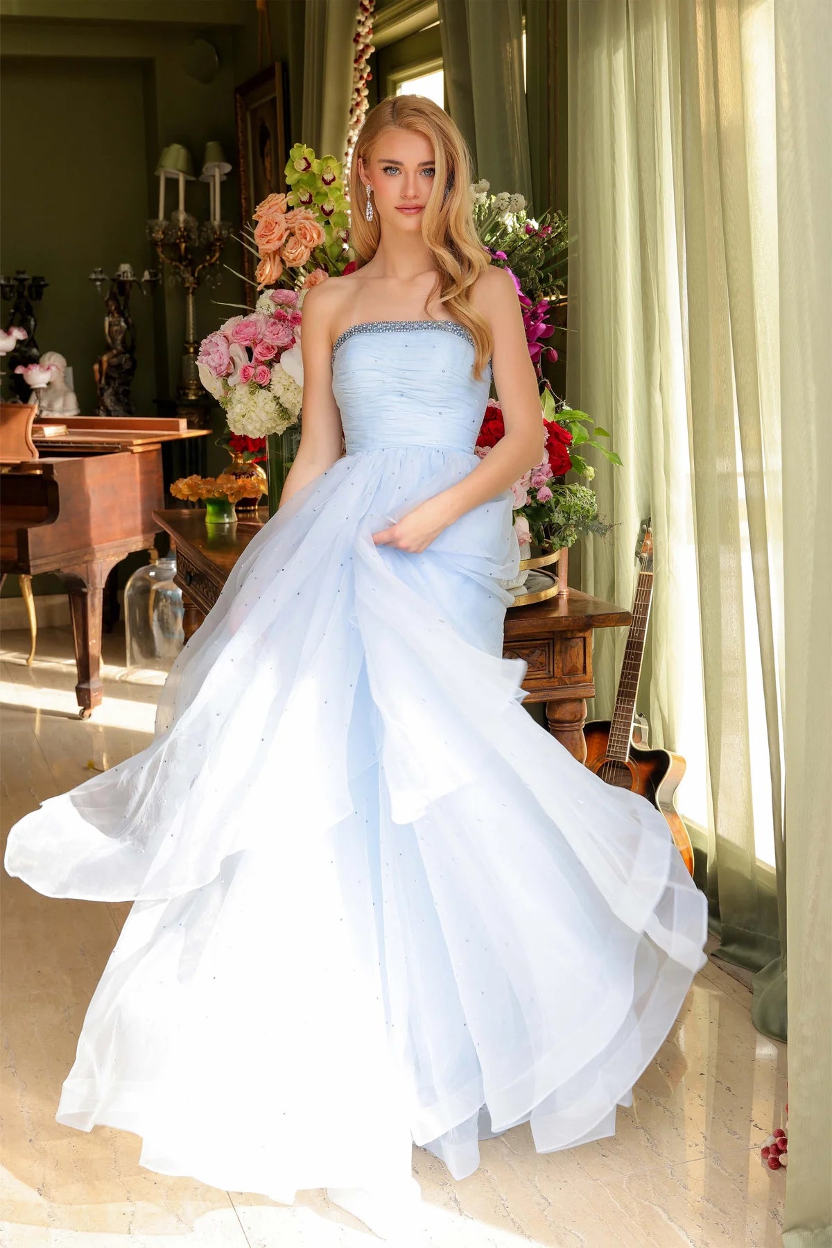 Luxury Sky Blue Hot Pink Prom Dresses with Tulle Fabric Rhinestone Trim and Ruffled Skirt