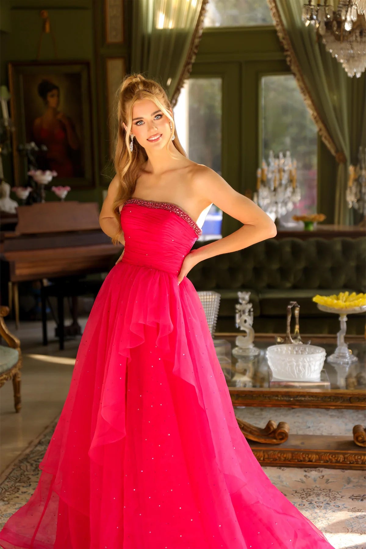 Luxury Sky Blue Hot Pink Prom Dresses with Tulle Fabric Rhinestone Trim and Ruffled Skirt