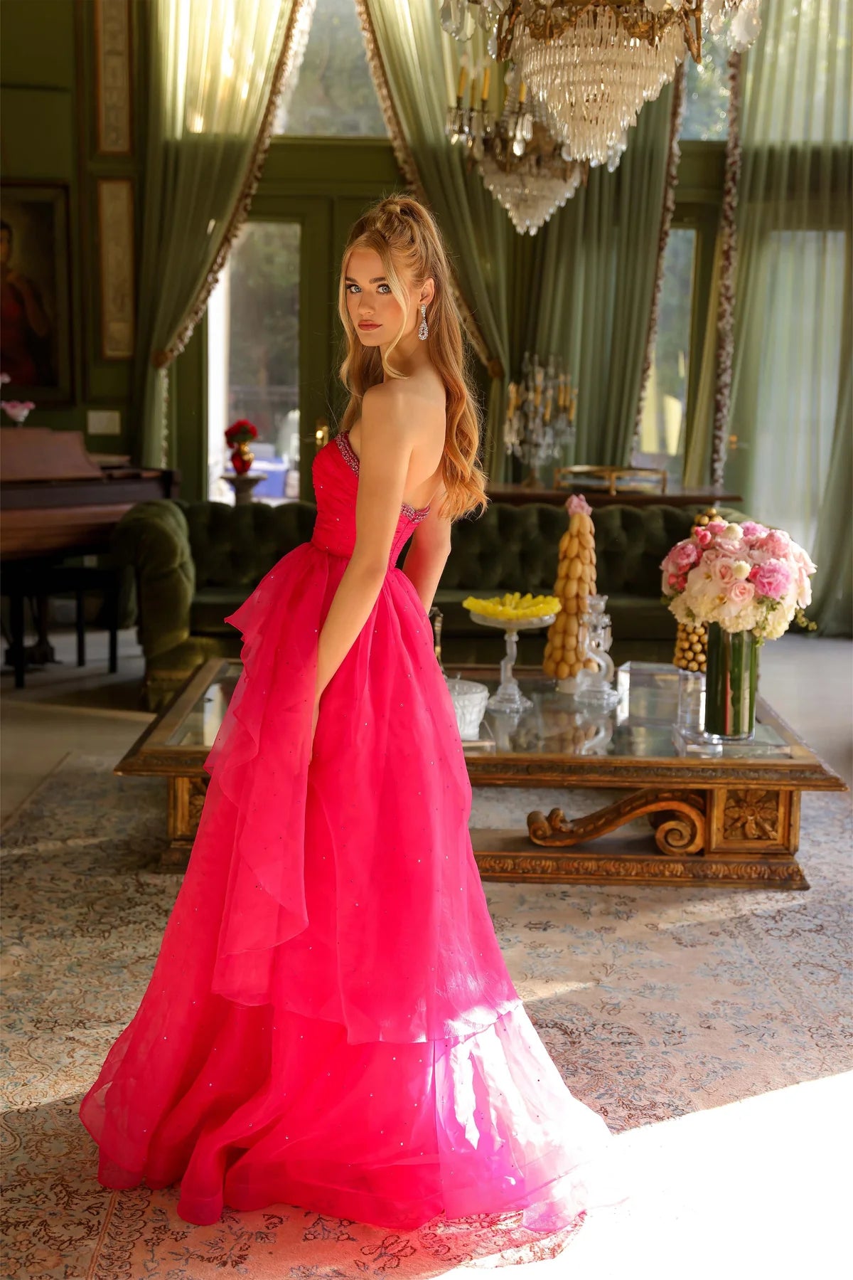 Luxury Sky Blue Hot Pink Prom Dresses with Tulle Fabric Rhinestone Trim and Ruffled Skirt