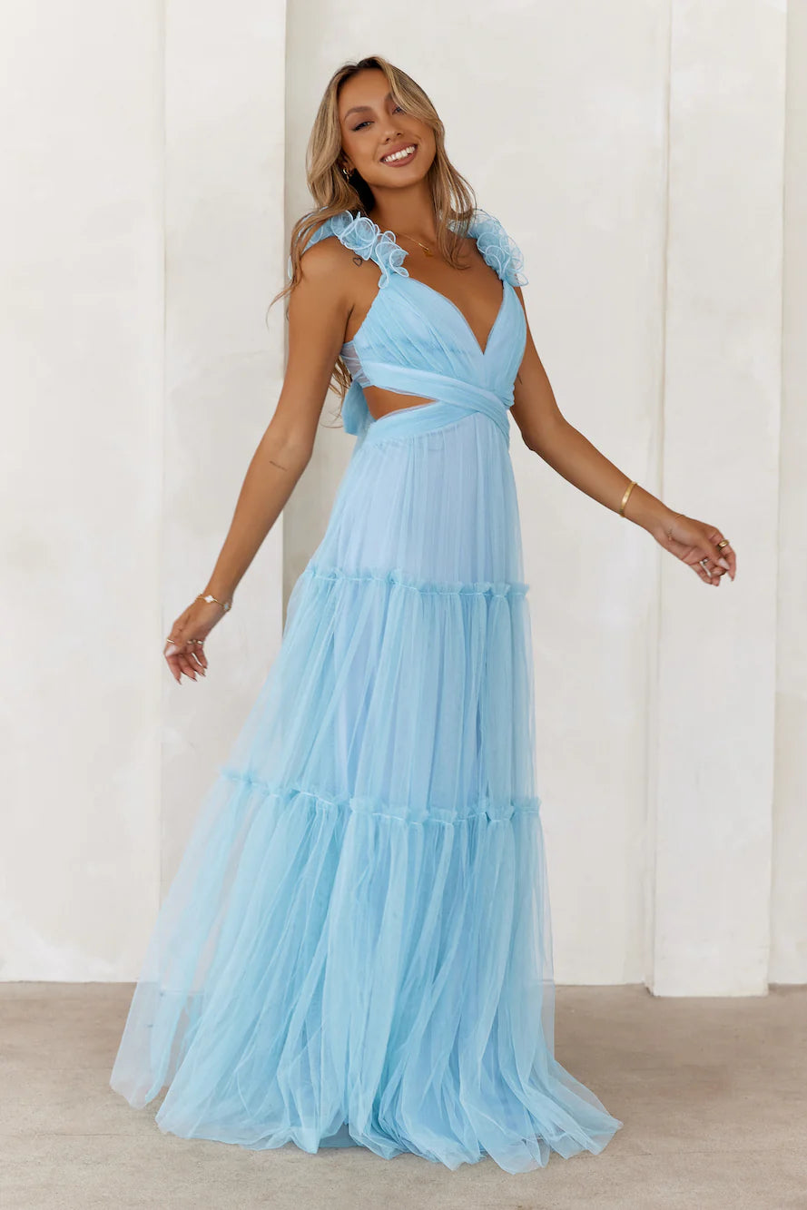 Luxury Sky Blue Prom Dresses with Tulle Fabric Tiered Ruffle Skirt and Cutout Back
