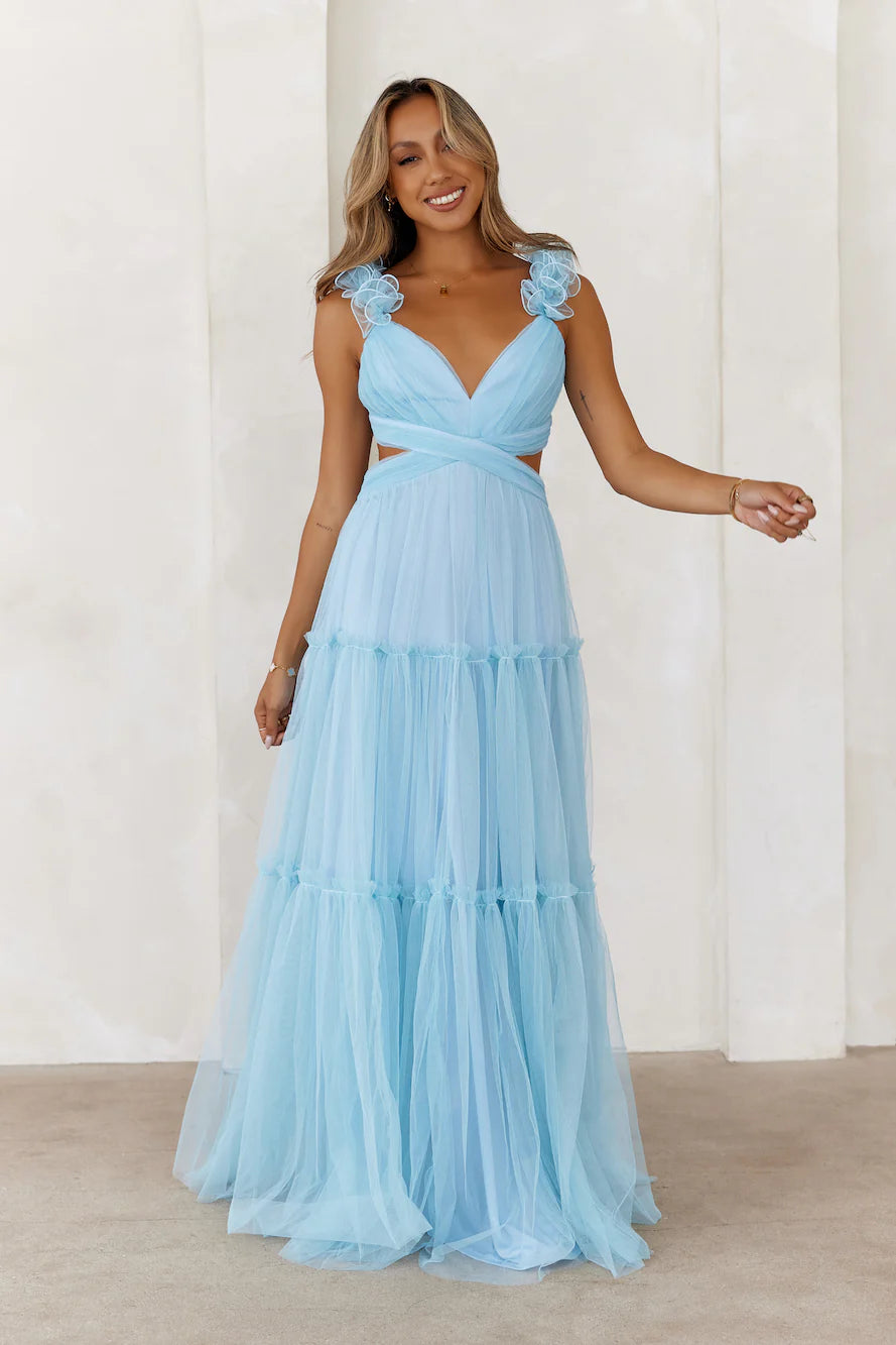 Luxury Sky Blue Prom Dresses with Tulle Fabric Tiered Ruffle Skirt and Cutout Back