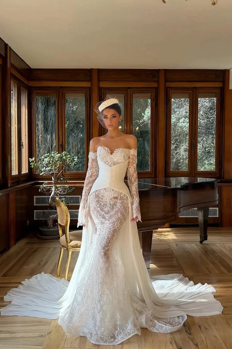 Luxury White Lace Off-the-Shoulder Long Sleeve Mermaid Train Maxi Prom Dresses