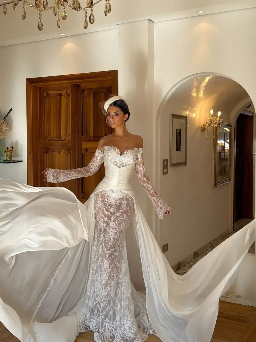 Luxury White Lace Off-the-Shoulder Long Sleeve Mermaid Train Maxi Prom Dresses