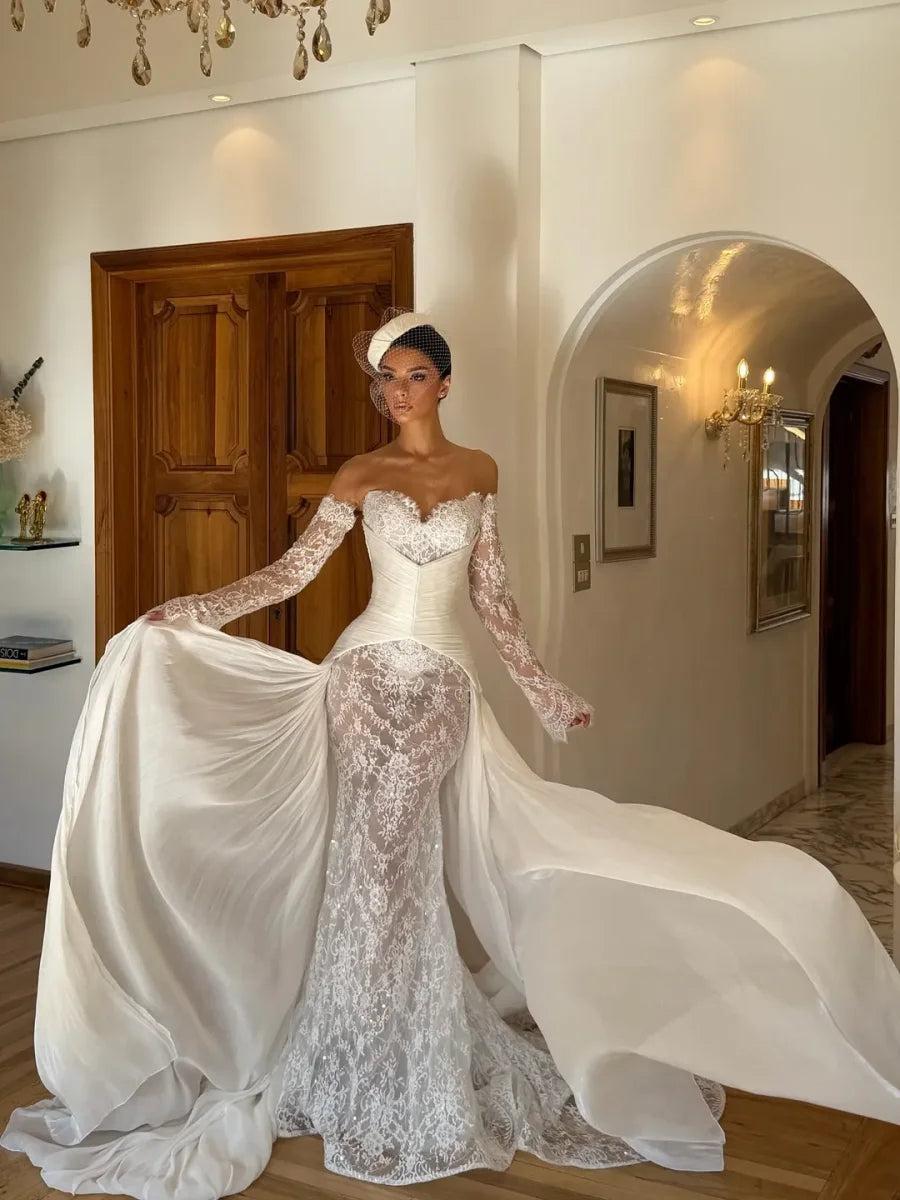 Luxury White Lace Off-the-Shoulder Long Sleeve Mermaid Train Maxi Prom Dresses