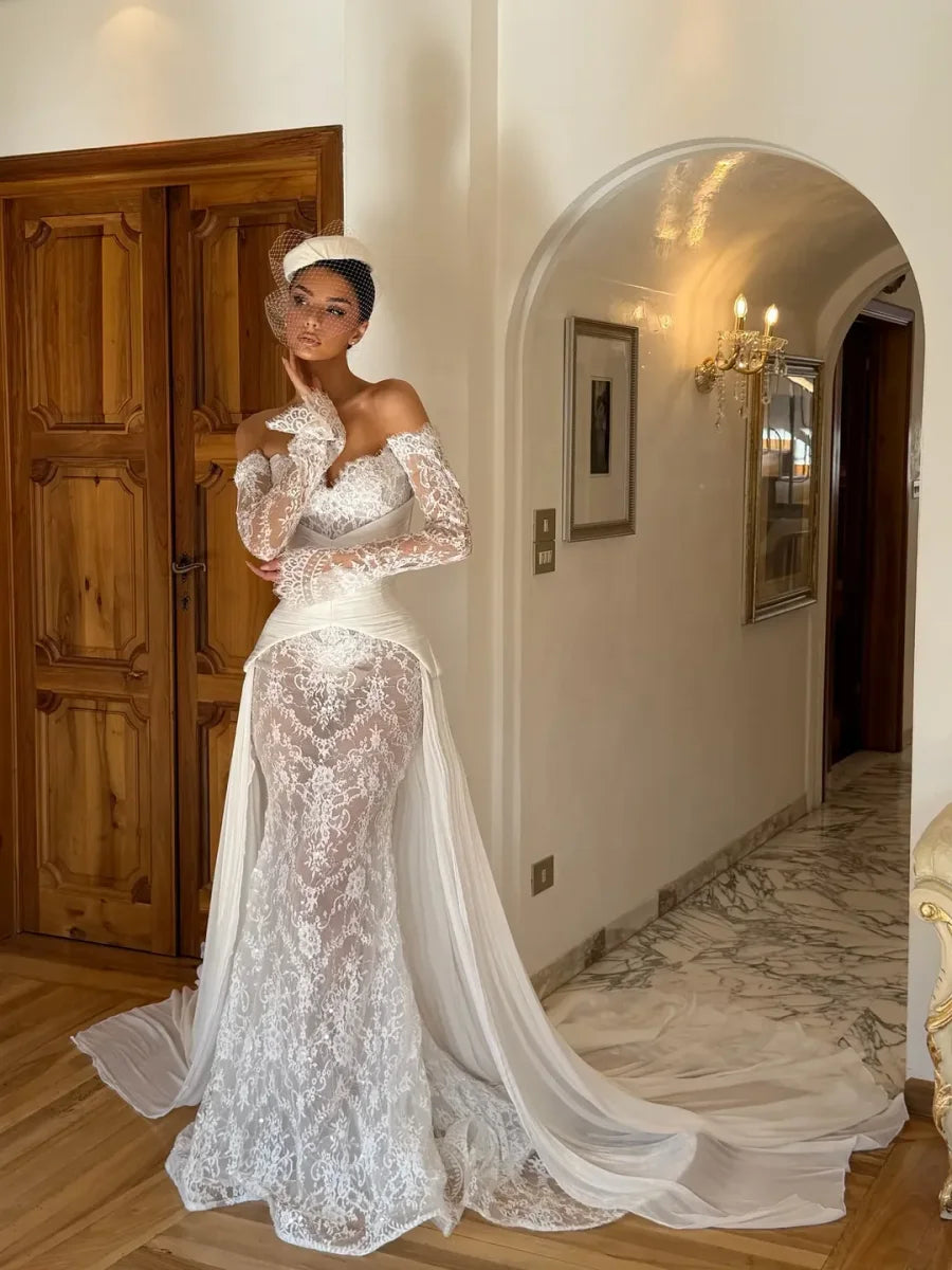 Luxury White Lace Off-the-Shoulder Long Sleeve Mermaid Train Maxi Prom Dresses