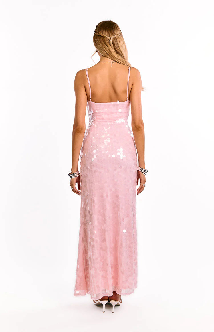 Elegant Spaghetti Strap V Neck Open Back Keyhole Detail Sequin Mesh Bodycon Maxi Evening Dress For Formal Evening Gala Wedding Guest Bridesmaid