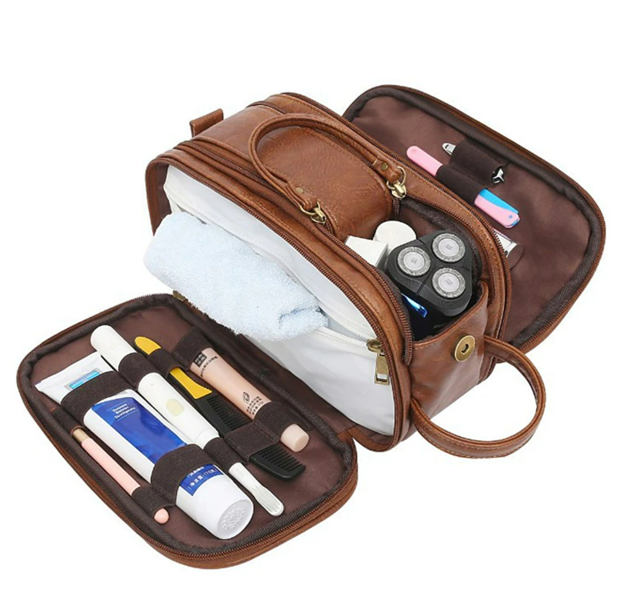 Men's travel wash bag with zipper closure.