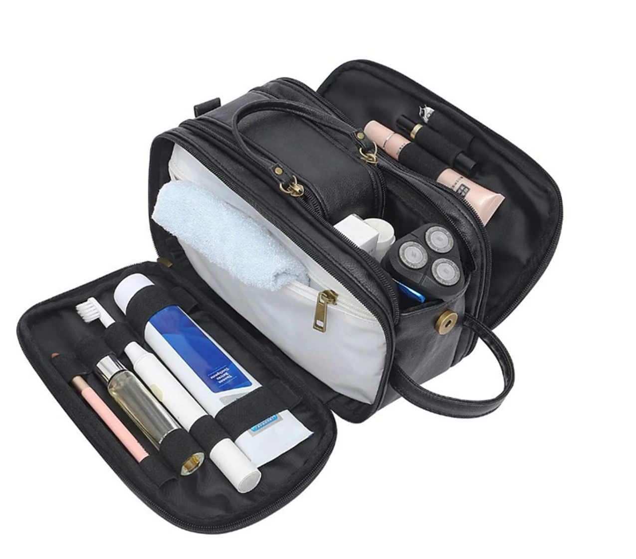 Open men's toiletry bag showing internal mesh pockets.
