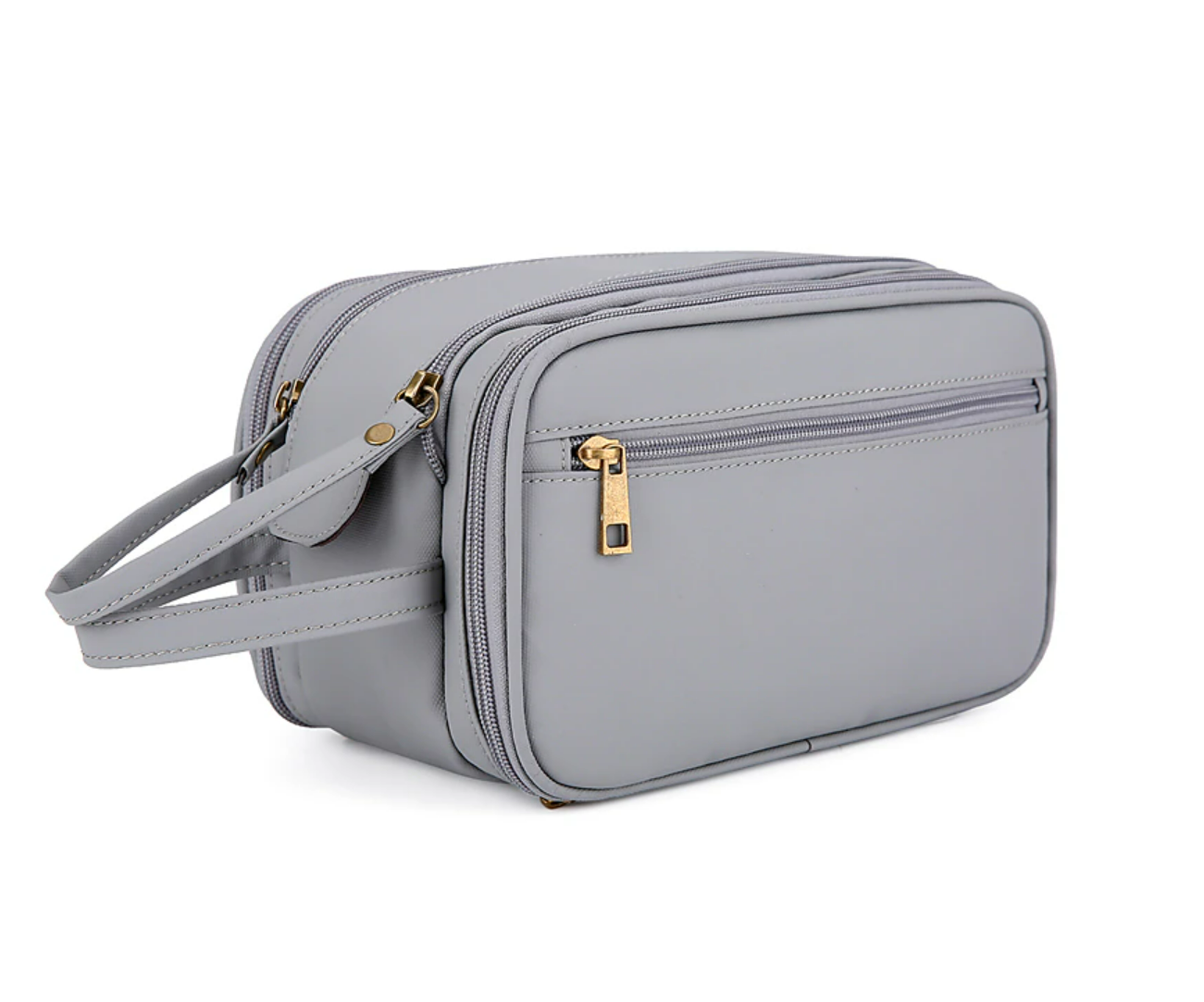Portable men's cosmetic bag with side handle.