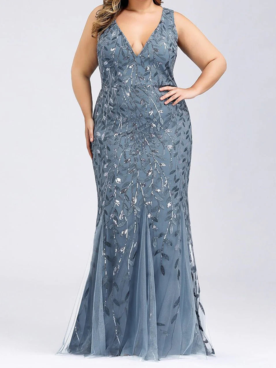 Elegant mermaid sequined gown for mother of the bride, sleeveless and ankle-length, front view.