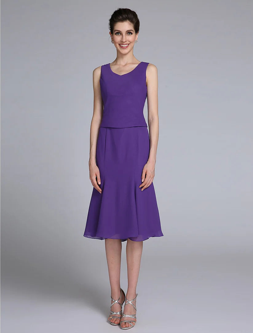 Full length view of knee-length Mermaid Trumpet Mother of the Bride dress.