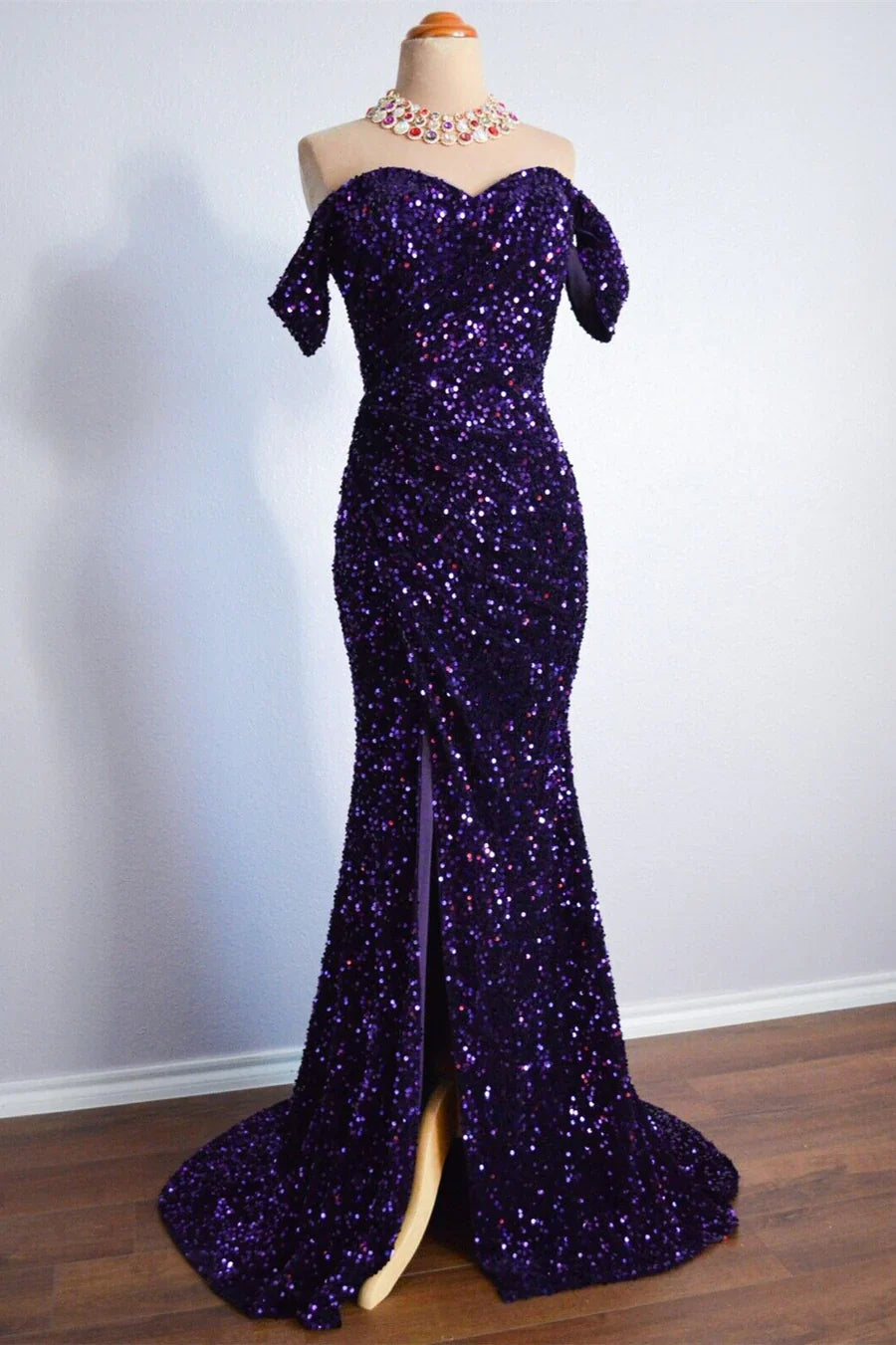 Mermaid Off-Shoulder Sparkly Long Formal Dress With Slit