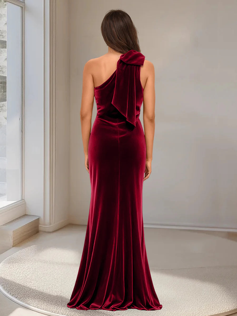 Mermaid One-Shoulder Velvet Long Evening Dresses with Split Side