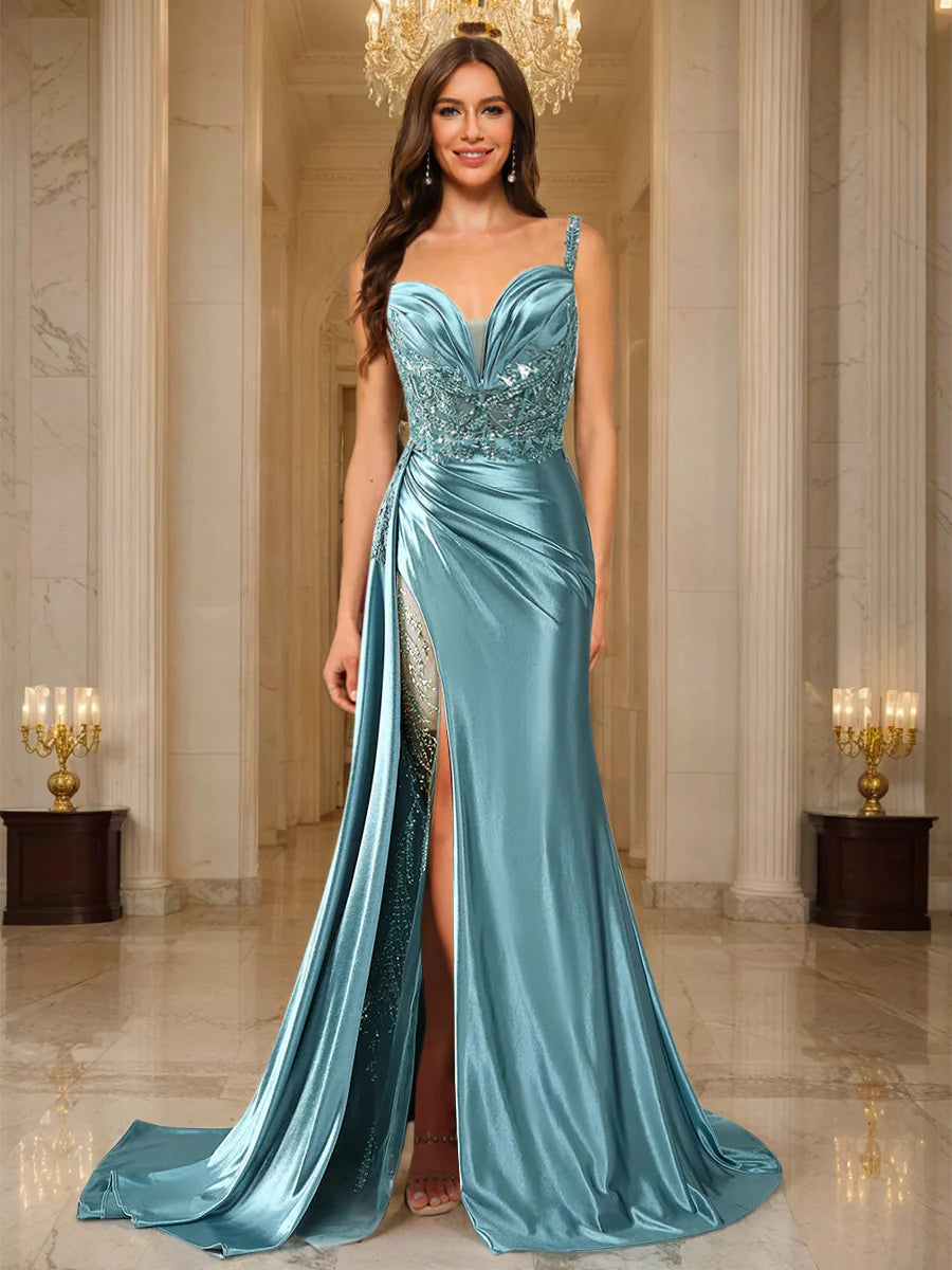 Mermaid Spaghetti Straps Ruched Long Evening Dresses with Split Side & Appliques