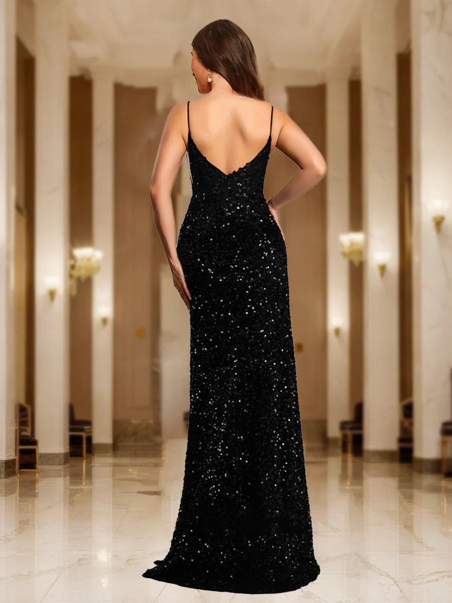 Mermaid Straps V-Neck Sequin Prom Dresses with Appliques