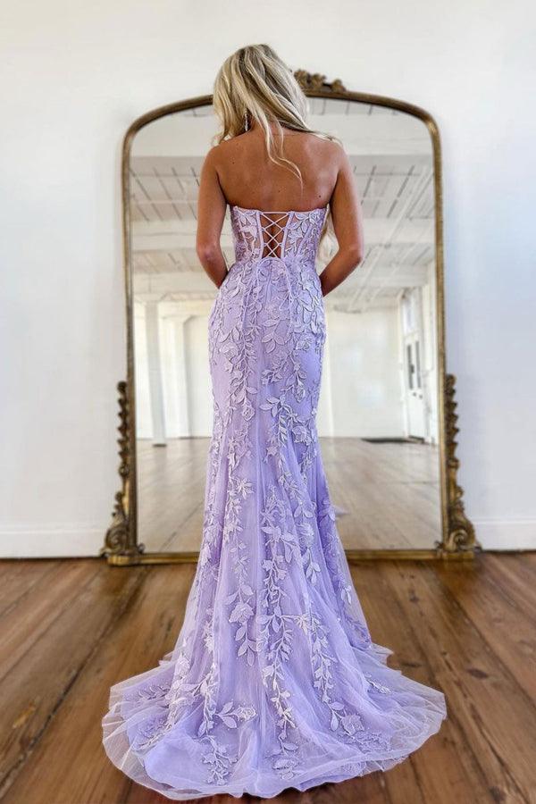 Mermaid Neck Sweetheart Lace Purple Long Prom Dress Formal Dress