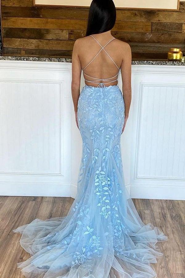 Two Piece Mermaid Scoop Neck Light Blue Lace Prom Dresses