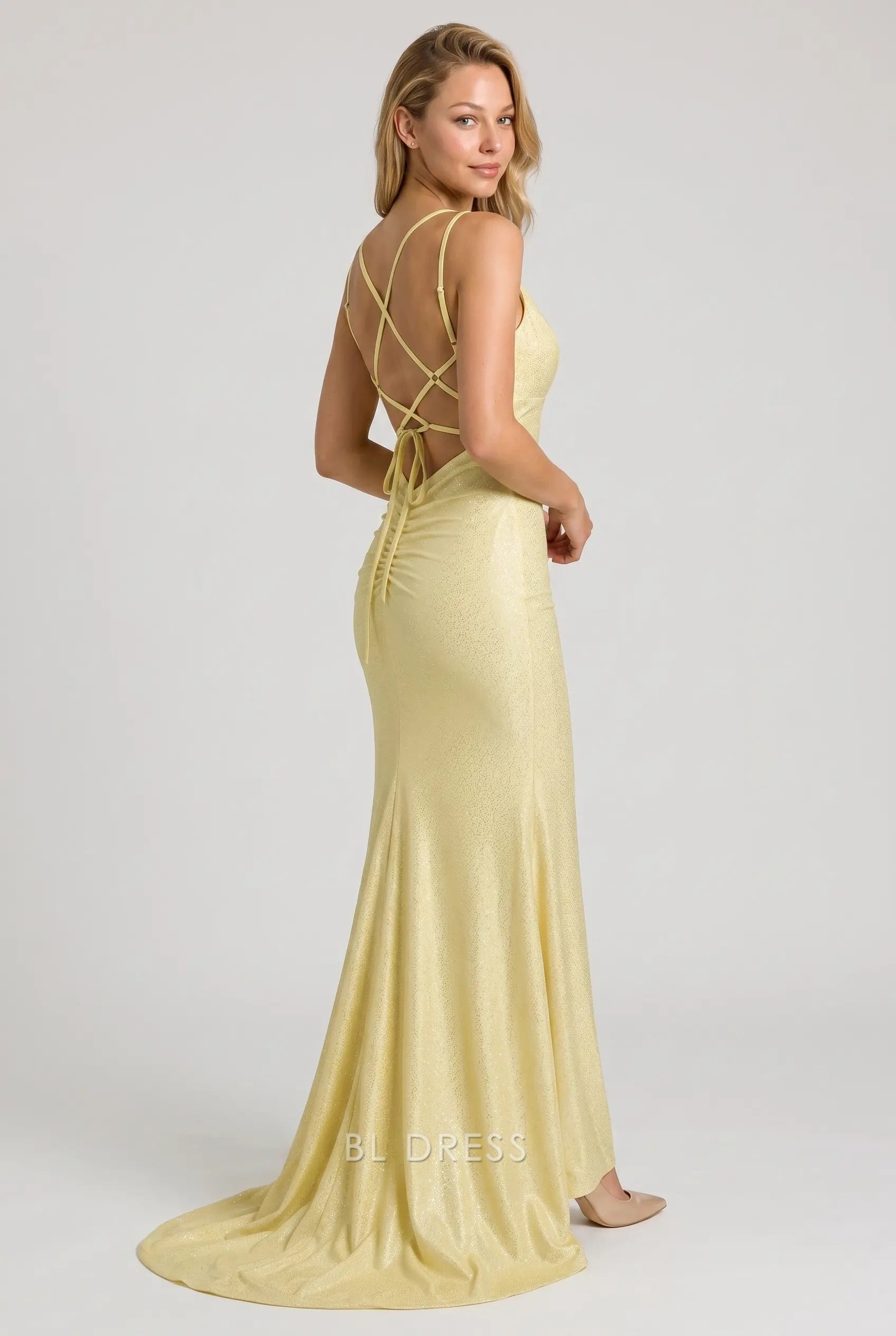 Mermaid Shiny Backless Yellow Long formal dresses Bridesmaid Dresses evening gown Prom Dress