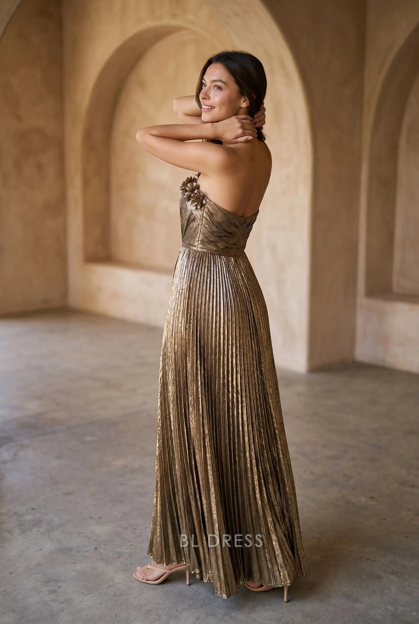 Metallic Gold Strapless Sweetheart Neck 3D Floral Applique Ruched Bodice Pleated A Line Long Prom Dress