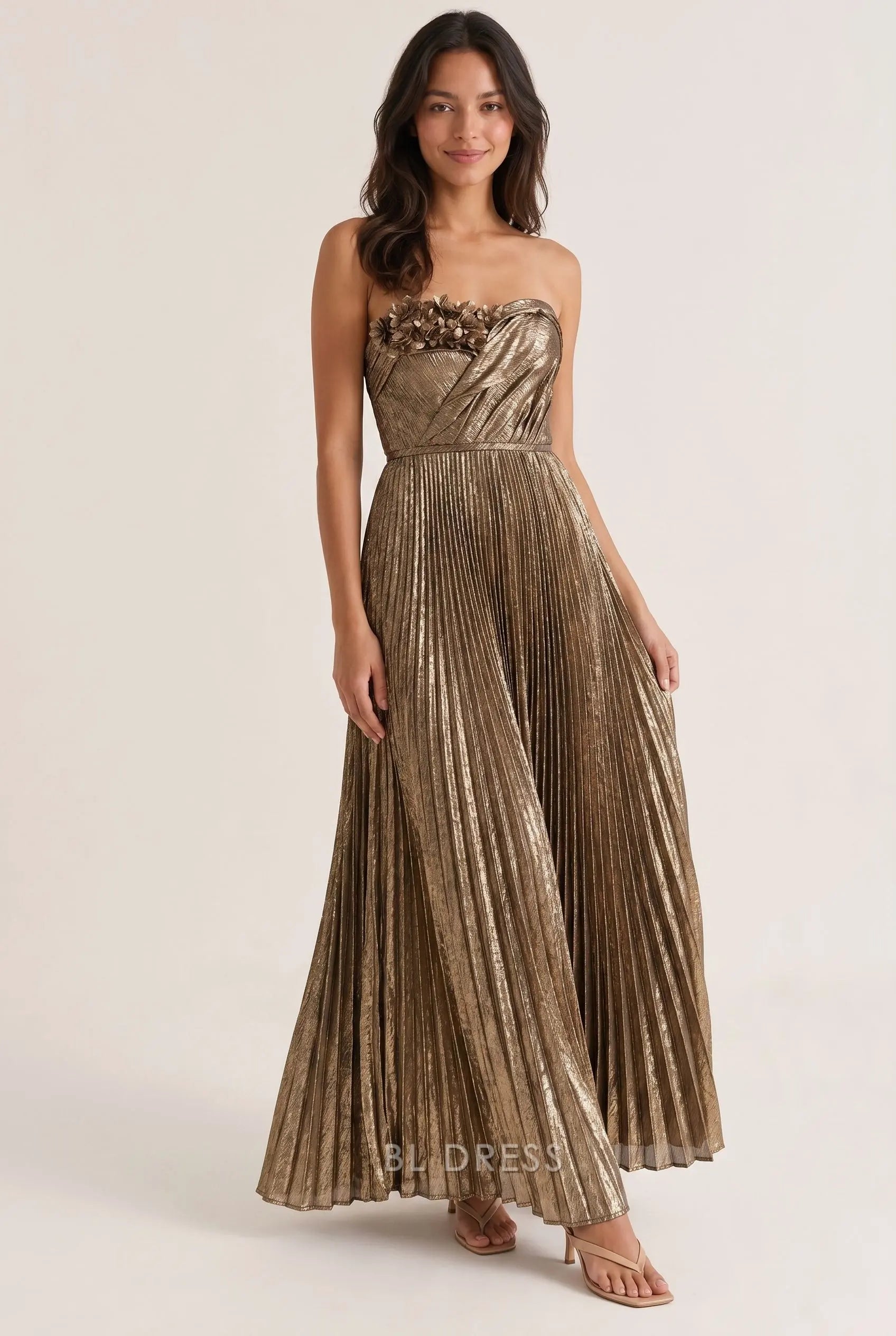 Metallic Gold Strapless Sweetheart Neck 3D Floral Applique Ruched Bodice Pleated A Line Long Prom Dress