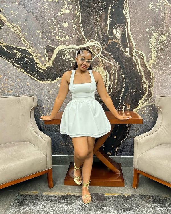 White A-line square neck short formal dress.