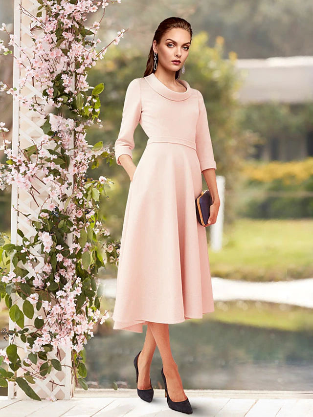Elegant satin sheath dress for mother of the bride, featuring a scoop neck and 3/4 sleeves.