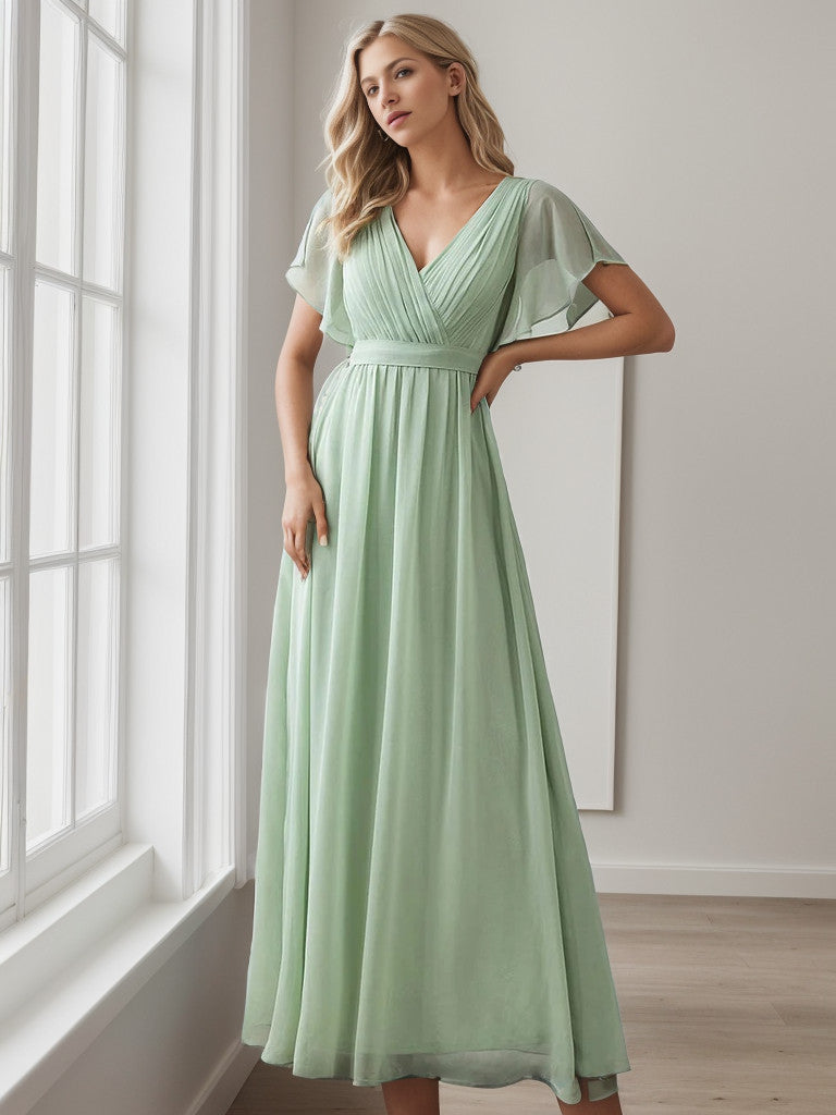 A-Line Pleated Chiffon Tie-Waist Evening Dress