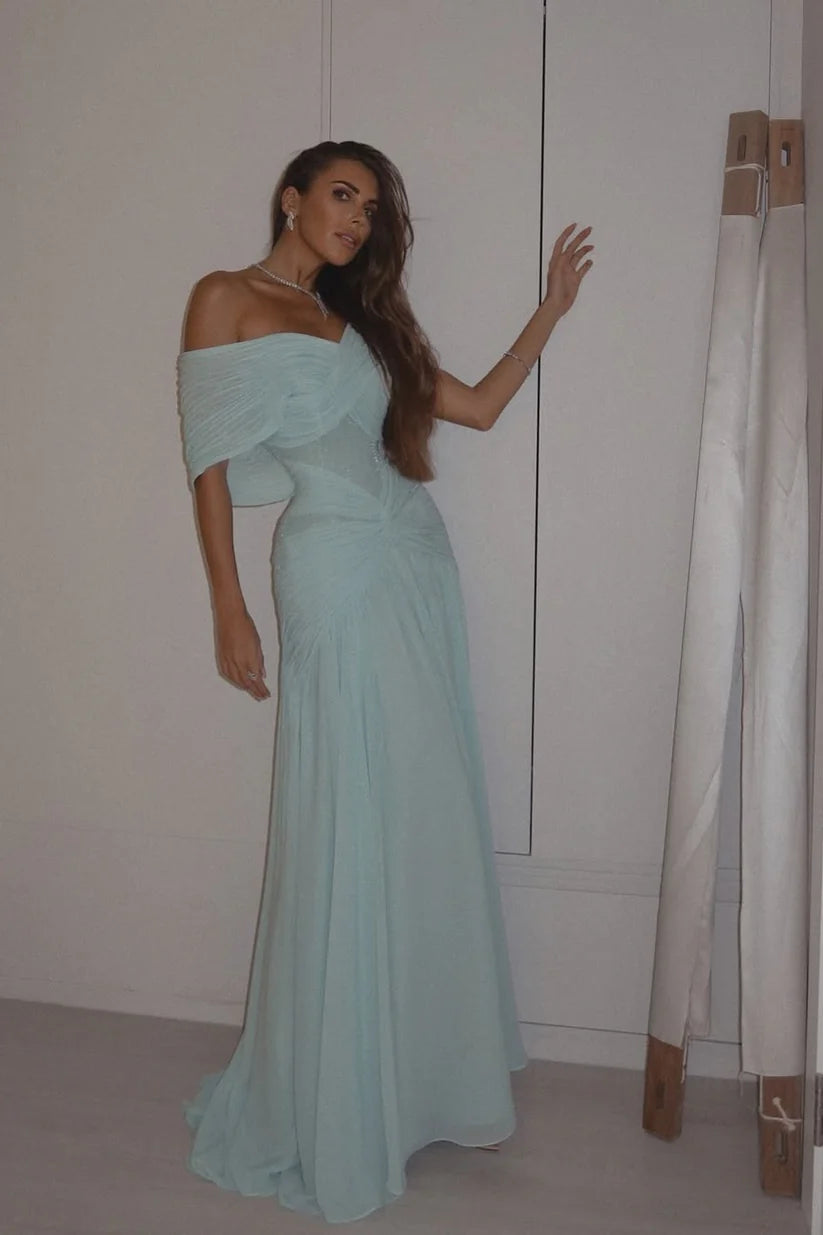 Mint Green Off-the-Shoulder Sheer Sequin Ruched Tulle Maxi Evening Dress