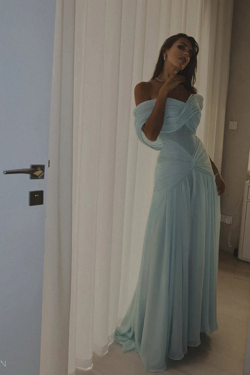 Mint Green Off-the-Shoulder Sheer Sequin Ruched Tulle Maxi Evening Dress