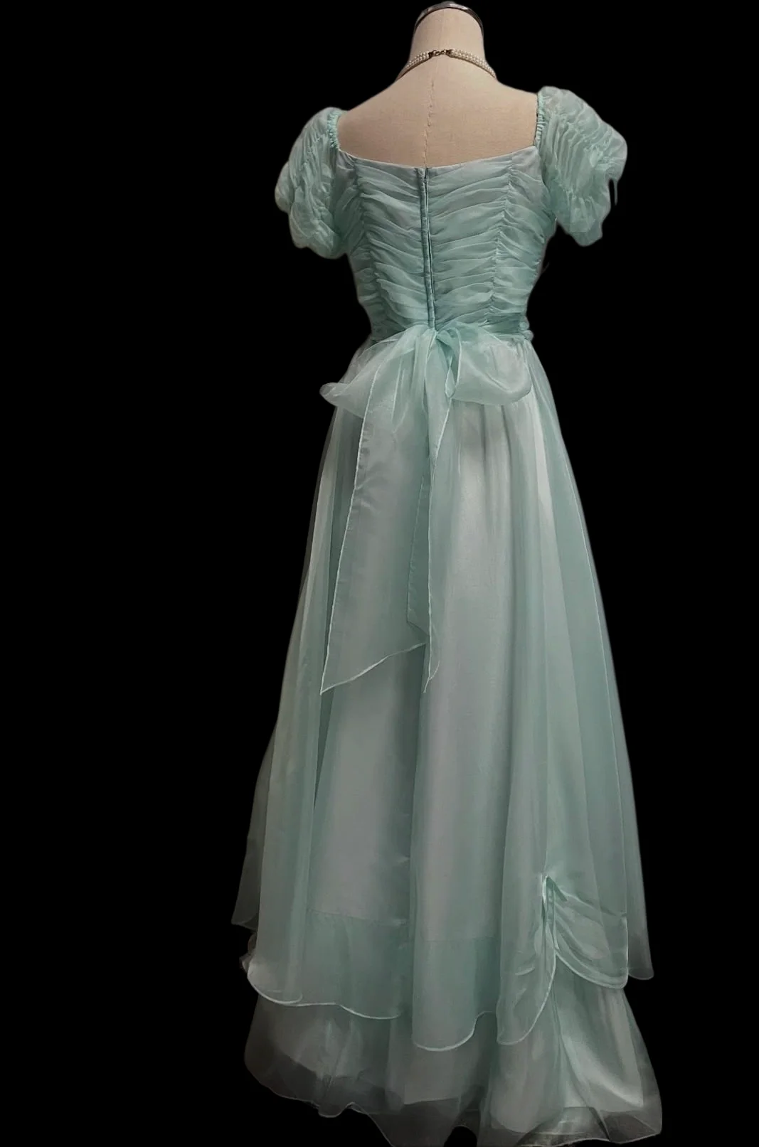 Mint Green Puff Sleeve Prom Dress With Bow Back And Tiered Chiffon Skirt Formal Prom Dress