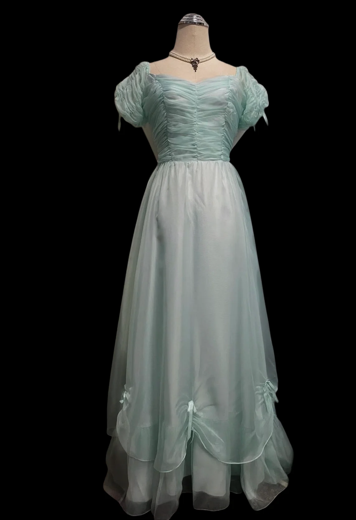 Mint Green Puff Sleeve Prom Dress With Bow Back And Tiered Chiffon Skirt Formal Prom Dress