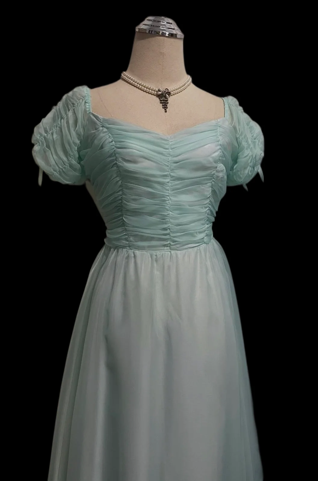 Mint Green Puff Sleeve Prom Dress With Bow Back And Tiered Chiffon Skirt Formal Prom Dress