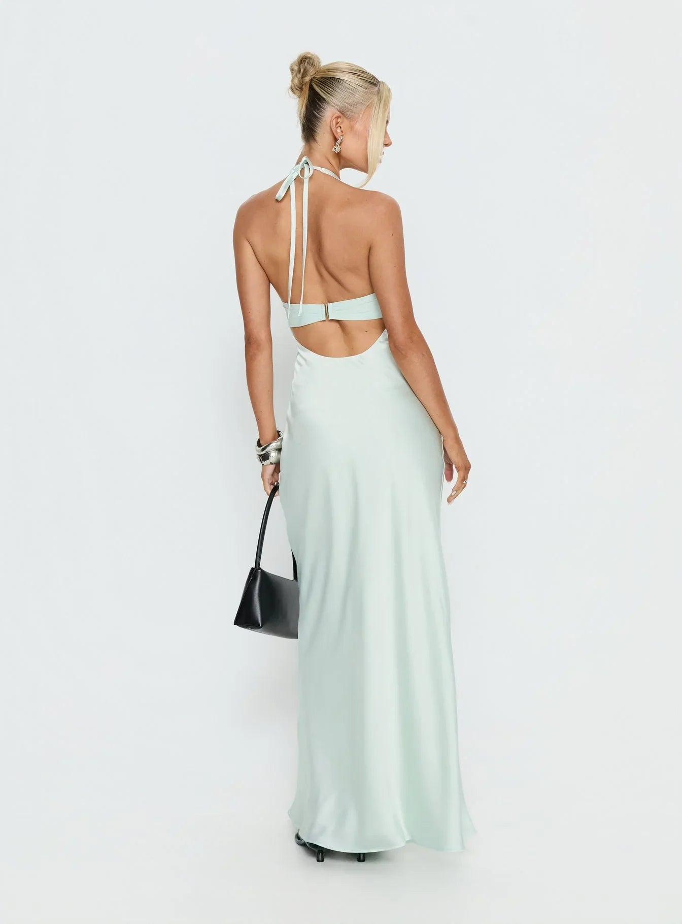 Mint Green Satin Halter Prom Dress with Deep V Neckline and Open Back for Formal Events and Prom Nights