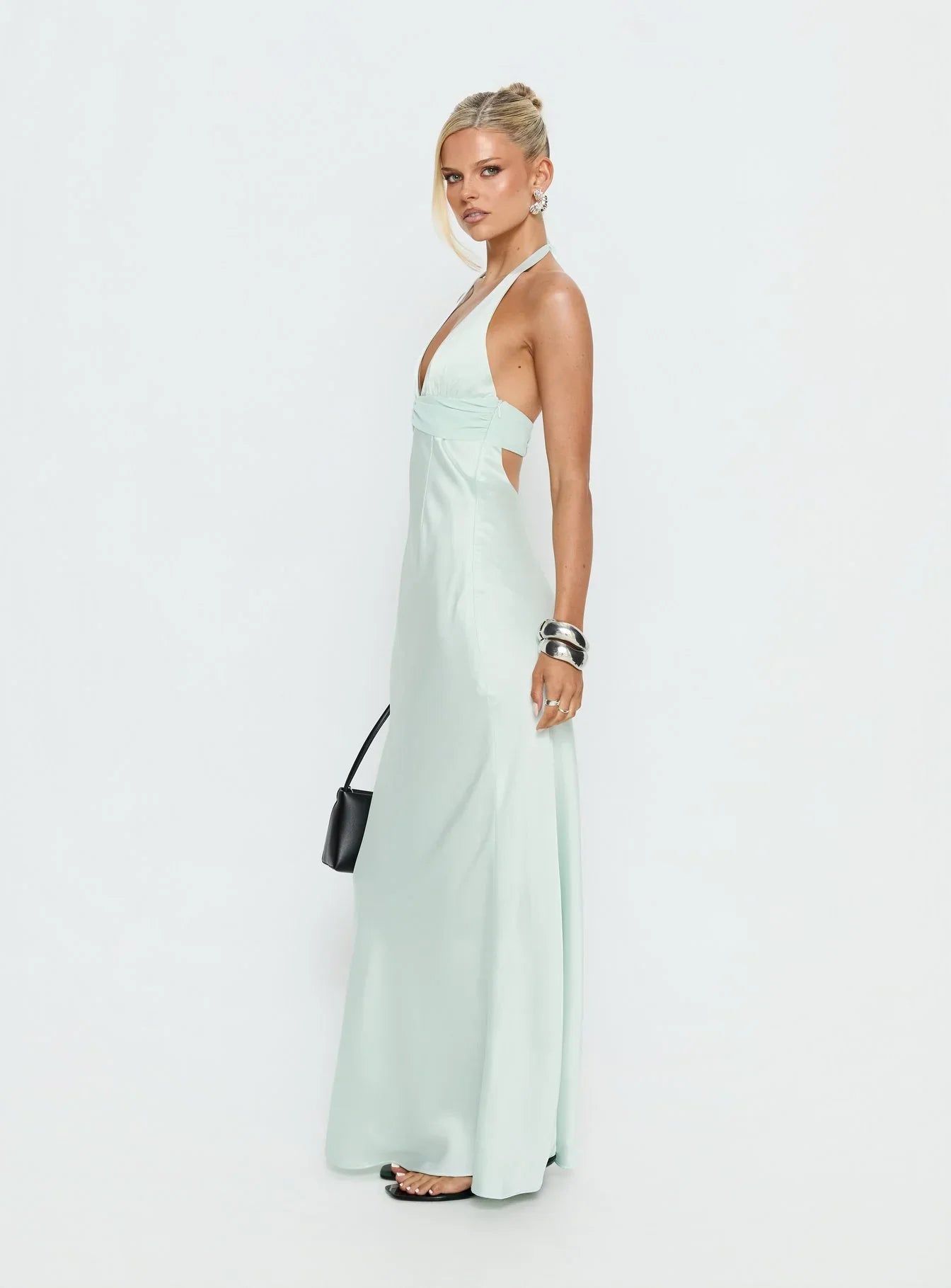 Mint Green Satin Halter Prom Dress with Deep V Neckline and Open Back for Formal Events and Prom Nights