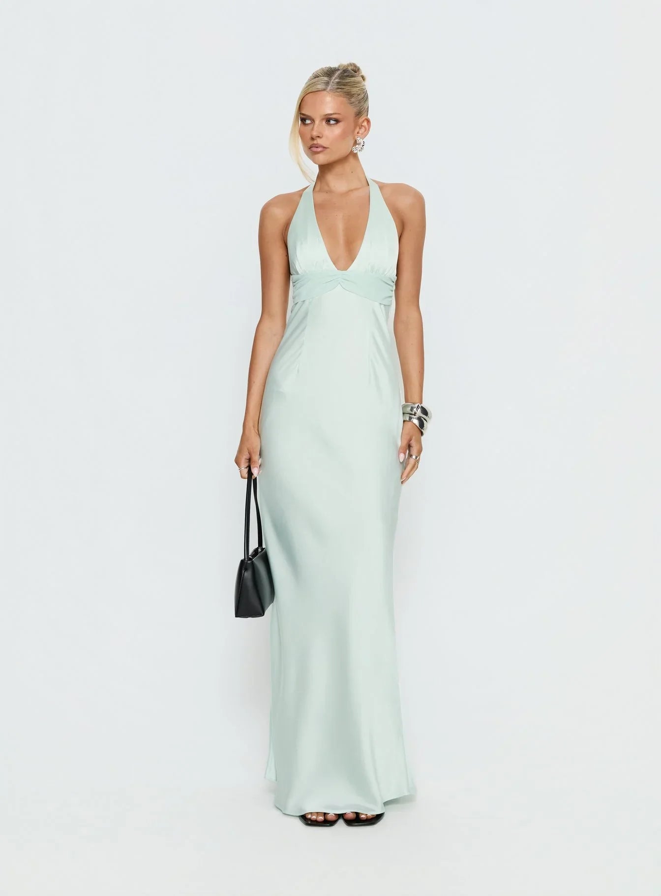 Mint Green Satin Halter Prom Dress with Deep V Neckline and Open Back for Formal Events and Prom Nights